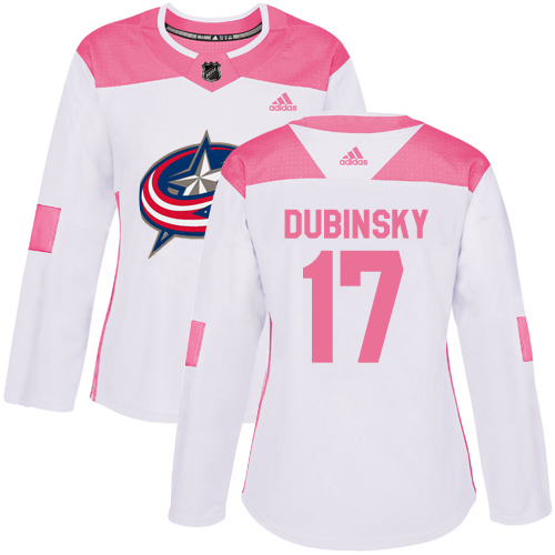 Adidas Blue Jackets #17 Brandon Dubinsky White/Pink Authentic Fashion Women's Stitched NHL Jersey
