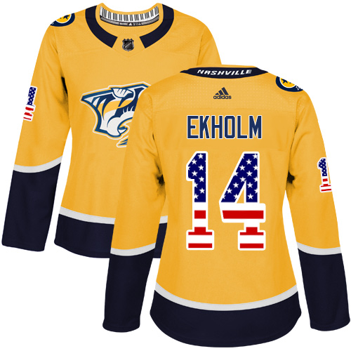 Adidas Predators #14 Mattias Ekholm Yellow Home Authentic USA Flag Women's Stitched NHL Jersey