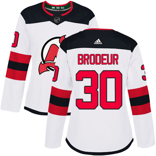 Adidas Devils #30 Martin Brodeur White Road Authentic Women's Stitched NHL Jersey