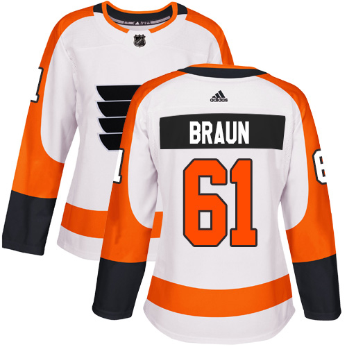 Adidas Flyers #61 Justin Braun White Road Authentic Women's Stitched NHL Jersey