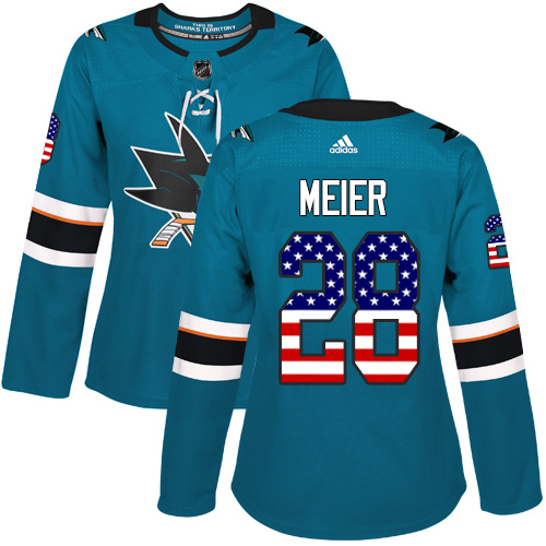 Adidas Sharks #28 Timo Meier Teal Home Authentic USA Flag Women's Stitched NHL Jersey
