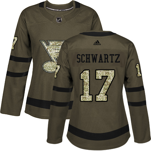 Adidas Blues #17 Jaden Schwartz Green Salute to Service Women's Stitched NHL Jersey