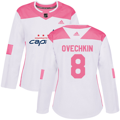 Adidas Capitals #8 Alex Ovechkin White/Pink Authentic Fashion Women's Stitched NHL Jersey