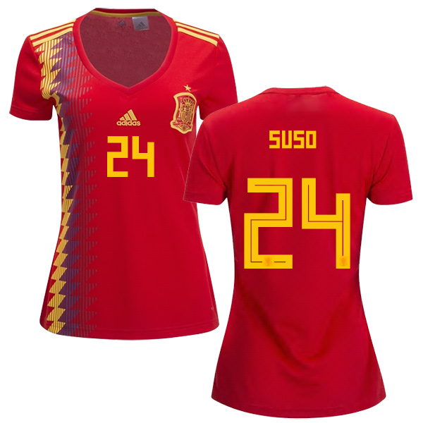 Women's Spain #24 Suso Red Home Soccer Country Jersey Women's Spain #24 Suso Red Home Soccer Country Jersey