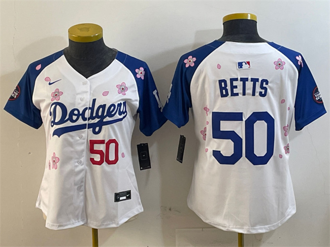 Women's Los Angeles Dodgers #50 Mookie Betts White/Royal 2025 Tokyo Series Limited Stitched Baseball Jersey(Run Small) Women's Los Angeles Dodgers #50 Mookie Betts White/Royal 2025 Tokyo Series Limited Stitched Baseball Jersey(Run Small)