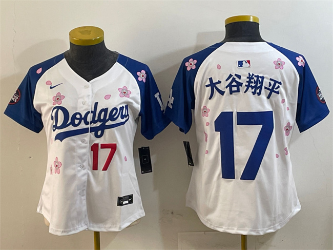 Women's Los Angeles Dodgers #17 大谷翔平 White/Royal 2025 Tokyo Series Limited Stitched Baseball Jersey(Run Small)