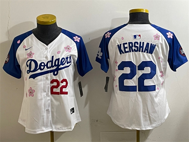 Women's Los Angeles Dodgers #22 Clayton Kershaw White/Royal 2025 Tokyo Series Limited Stitched Baseball Jersey(Run Small)