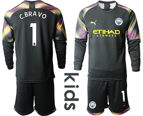 Manchester City #1 C.Bravo Black Goalkeeper Long Sleeves Kid Soccer Club Jersey