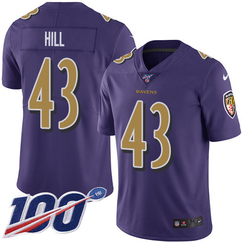 Nike Ravens #43 Justice Hill Purple Youth Stitched NFL Limited Rush 100th Season Jersey Nike Ravens #43 Justice Hill Purple Youth Stitched NFL Limited Rush 100th Season Jersey