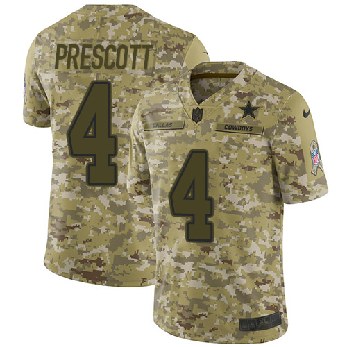 Nike Cowboys #4 Dak Prescott Camo Youth Stitched NFL Limited 2018 Salute to Service Jersey