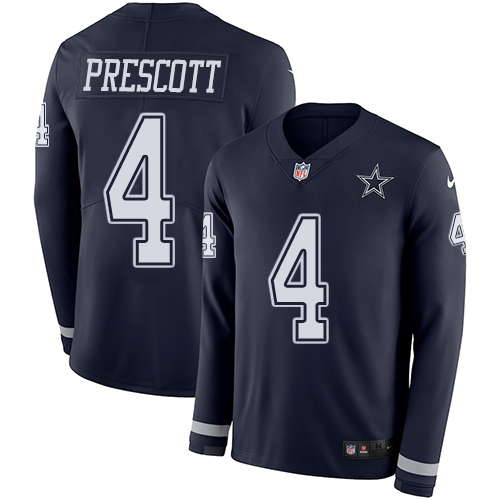 Nike Cowboys #4 Dak Prescott Navy Blue Team Color Youth Stitched NFL Limited Therma Long Sleeve Jersey