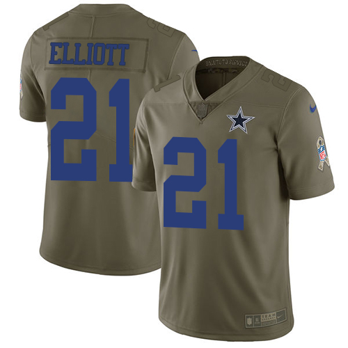 Nike Cowboys #21 Ezekiel Elliott Olive Youth Stitched NFL Limited 2017 Salute to Service Jersey