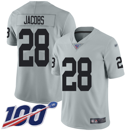 Nike Raiders #28 Josh Jacobs Silver Youth Stitched NFL Limited Inverted Legend 100th Season Jersey