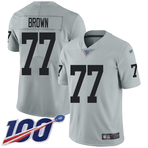 Nike Raiders #77 Trent Brown Silver Youth Stitched NFL Limited Inverted Legend 100th Season Jersey