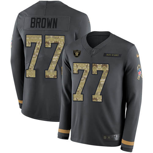 Nike Raiders #77 Trent Brown Anthracite Salute to Service Youth Stitched NFL Limited Therma Long Sleeve Jersey