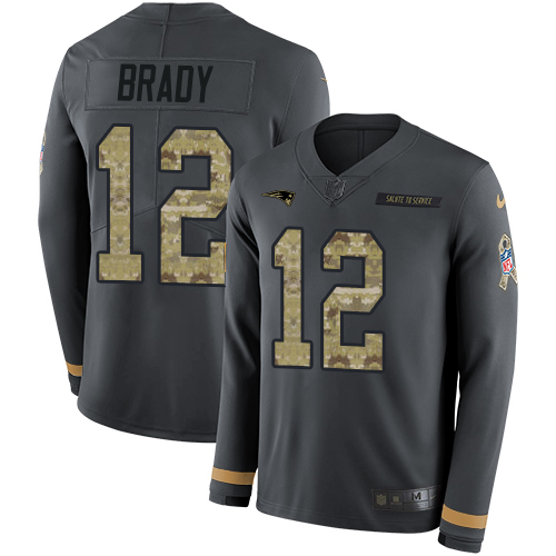 Nike Patriots #12 Tom Brady Anthracite Salute to Service Youth Stitched NFL Limited Therma Long Sleeve Jersey