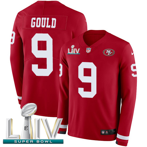 Nike 49ers #9 Robbie Gould Red Super Bowl LIV 2020 Team Color Youth Stitched NFL Limited Therma Long Sleeve Jersey Nike 49ers #9 Robbie Gould Red Super Bowl LIV 2020 Team Color Youth Stitched NFL Limited Therma Long Sleeve Jersey