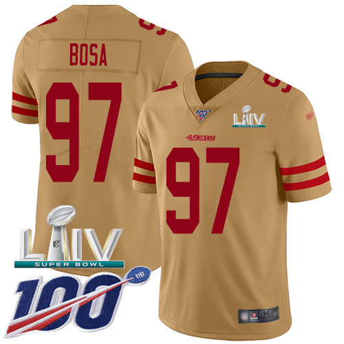 Nike 49ers #97 Nick Bosa Gold Super Bowl LIV 2020 Youth Stitched NFL Limited Inverted Legend 100th Season Jersey Nike 49ers #97 Nick Bosa Gold Super Bowl LIV 2020 Youth Stitched NFL Limited Inverted Legend 100th Season Jersey