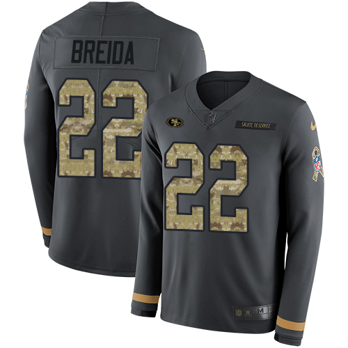 Nike 49ers #22 Matt Breida Anthracite Salute to Service Youth Stitched NFL Limited Therma Long Sleeve Jersey