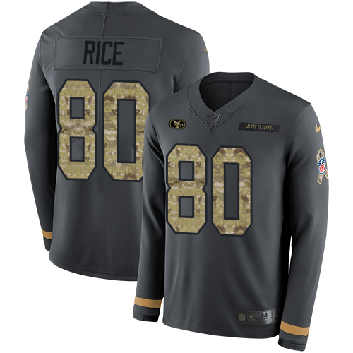 Nike 49ers #80 Jerry Rice Anthracite Salute to Service Youth Stitched NFL Limited Therma Long Sleeve Jersey Nike 49ers #80 Jerry Rice Anthracite Salute to Service Youth Stitched NFL Limited Therma Long Sleeve Jersey