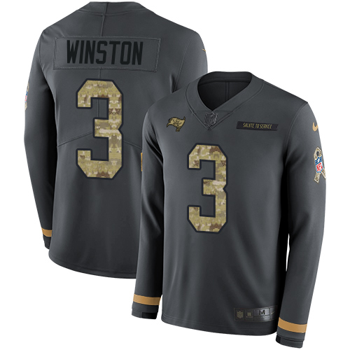 Nike Buccaneers #3 Jameis Winston Anthracite Salute to Service Youth Stitched NFL Limited Therma Long Sleeve Jersey Nike Buccaneers #3 Jameis Winston Anthracite Salute to Service Youth Stitched NFL Limited Therma Long Sleeve Jersey