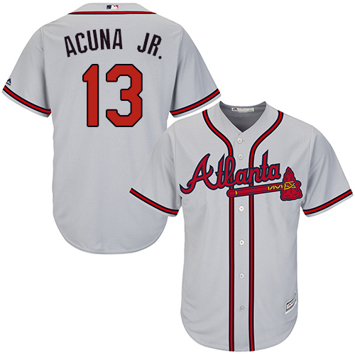 Braves #13 Ronald Acuna Jr. Grey Cool Base Stitched Youth MLB Jersey Braves #13 Ronald Acuna Jr. Grey Cool Base Stitched Youth MLB Jersey