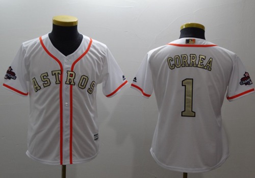 Astros #1 Carlos Correa White 2017 World Series Champions Gold Program Cool Base Stitched Youth MLB Jersey Astros #1 Carlos Correa White 2017 World Series Champions Gold Program Cool Base Stitched Youth MLB Jersey