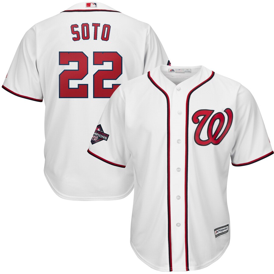 Washington Nationals #22 Juan Soto Majestic Youth 2019 World Series Champions Home Cool Base Patch Player Jersey White Washington Nationals #22 Juan Soto Majestic Youth 2019 World Series Champions Home Cool Base Patch Player Jersey White