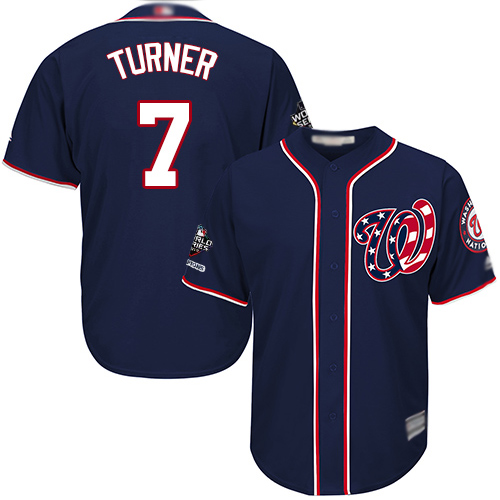 Nationals #7 Trea Turner Navy Blue Cool Base 2019 World Series Champions Stitched Youth MLB Jersey
