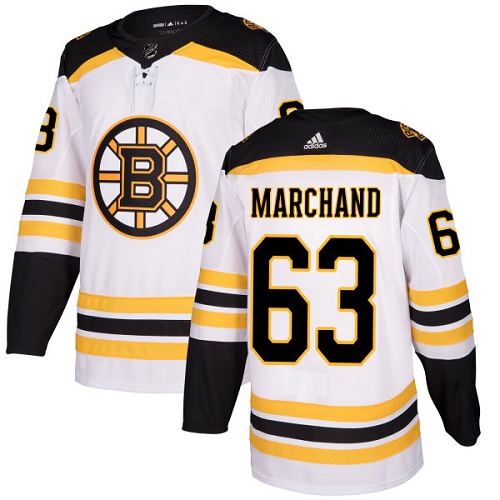 Adidas Bruins #63 Brad Marchand White Road Authentic Youth Stitched NHL Jersey