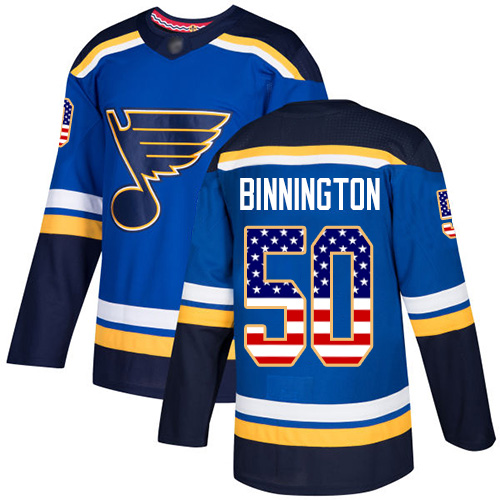 Adidas Blues #50 Jordan Binnington Blue Home Authentic USA Flag Stitched Youth NHL Jersey