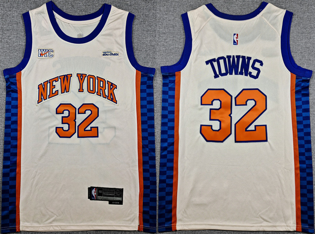Men's New Yok Knicks #32 Karl-Anthony Towns Cream 2024-25 City Edition Stitched Basketball Jersey Men's New Yok Knicks #32 Karl-Anthony Towns Cream 2024-25 City Edition Stitched Basketball Jersey