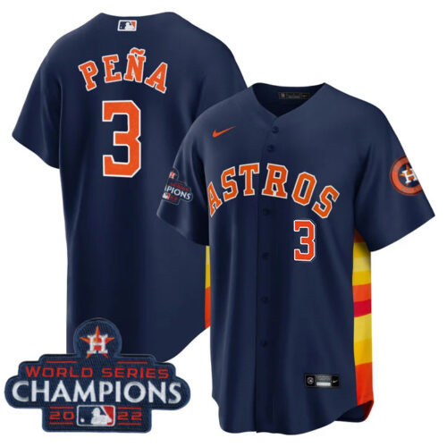 Youth Houston Astros #3 Jeremy Peña Navy 2022 World Series Champions With NO. In Front Stitched Baseball Jersey Youth Houston Astros #3 Jeremy Peña Navy 2022 World Series Champions With NO. In Front Stitched Baseball Jersey