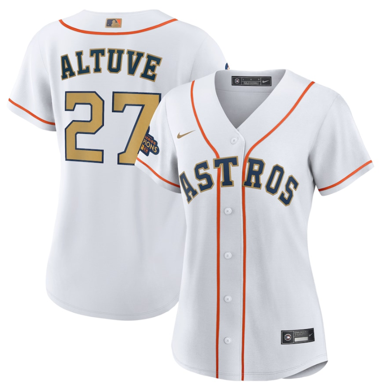Women's Houston Astros #27 Jose Altuve White 2023 Gold Collection With World Serise Champions Patch Stitched Jersey(Run Small) Women's Houston Astros #27 Jose Altuve White 2023 Gold Collection With World Serise Champions Patch Stitched Jersey(Run Small)