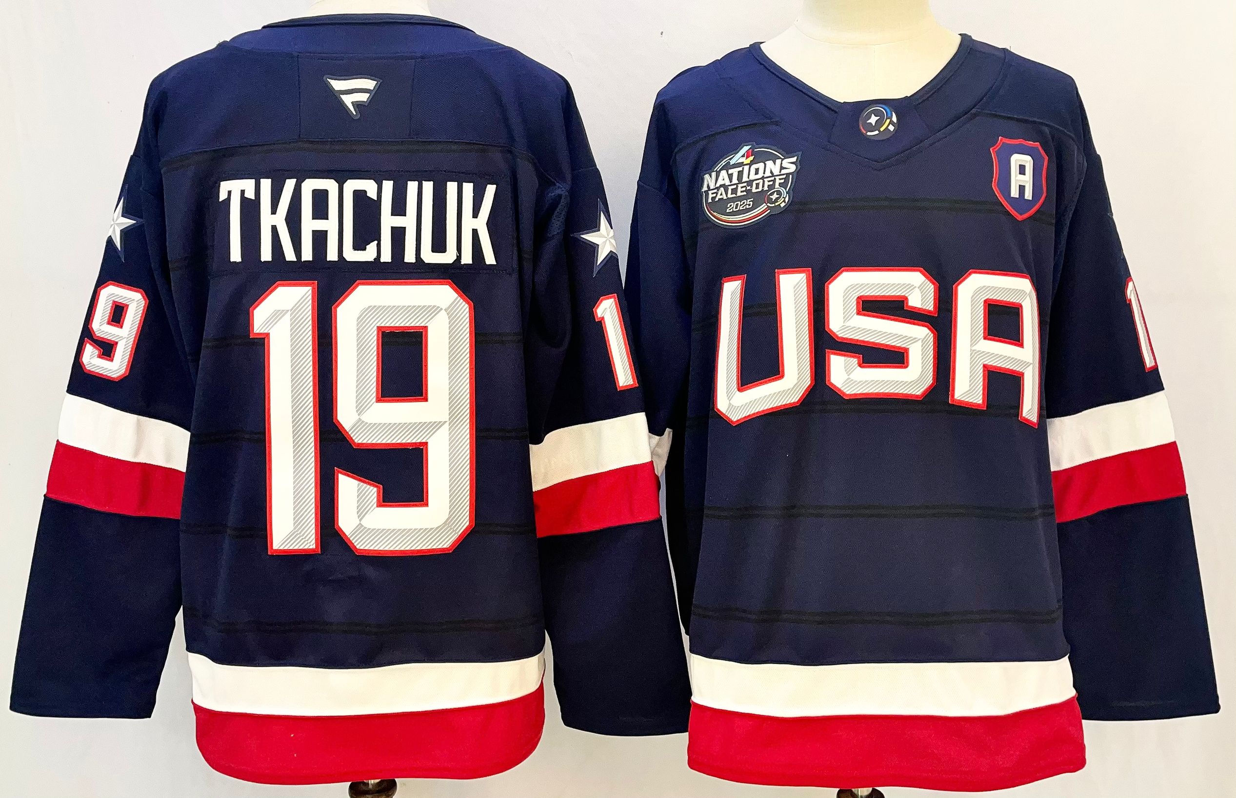 Men's USA #19 Matthew Tkachuk Navy 2025 With A Patch 4 Nations Face-Off Stitched Jersey Men's USA #19 Matthew Tkachuk Navy 2025 With A Patch 4 Nations Face-Off Stitched Jersey