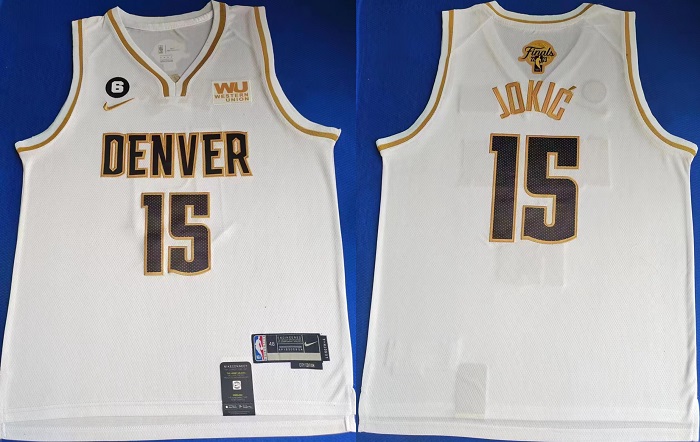 Men's Denver Nuggets #15 Nikola Jokic White With NO.6 Patch Stitched Jersey Men's Denver Nuggets #15 Nikola Jokic White With NO.6 Patch Stitched Jersey