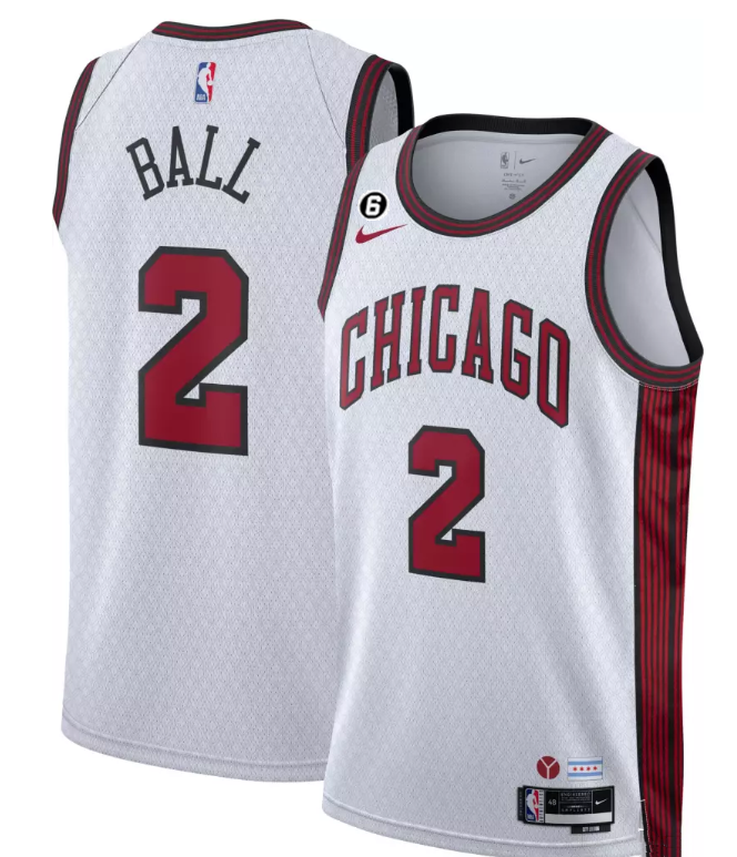 Men's Chicago Bulls #2 Lonzo Ball White 2022/23 City Edition With NO.6 Patch Stitched Basketball Jersey Men's Chicago Bulls #2 Lonzo Ball White 2022/23 City Edition With NO.6 Patch Stitched Basketball Jersey