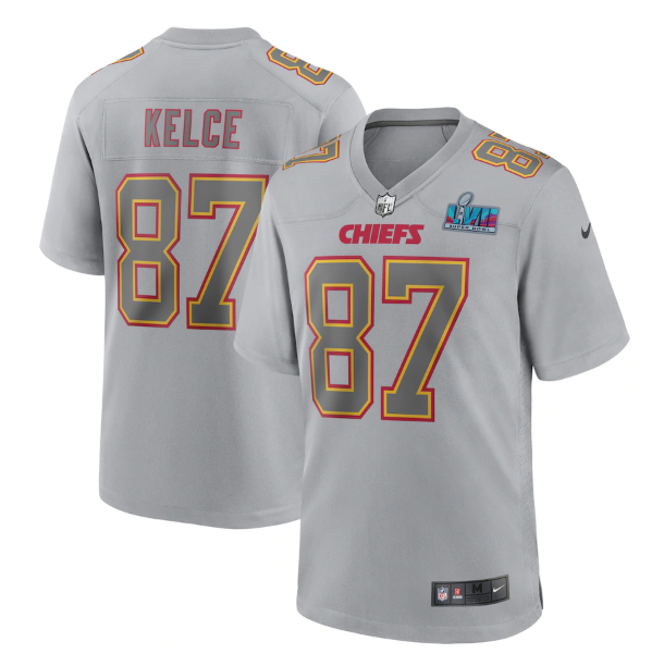 Women's Kansas City Chiefs #87 Travis Kelce Grey Super Bowl LVII Patch Atmosphere Fashion Stitched Game Jersey(Run Small) Women's Kansas City Chiefs #87 Travis Kelce Grey Super Bowl LVII Patch Atmosphere Fashion Stitched Game Jersey(Run Small)