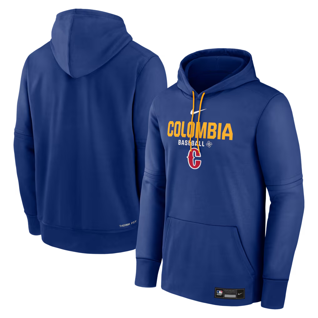Men's Colombia Baseball Royal 2026 World Baseball Classic Collection Dri-FIT Long Sleeve Hooded T-Shirt Men's Colombia Baseball Royal 2026 World Baseball Classic Collection Dri-FIT Long Sleeve Hooded T-Shirt