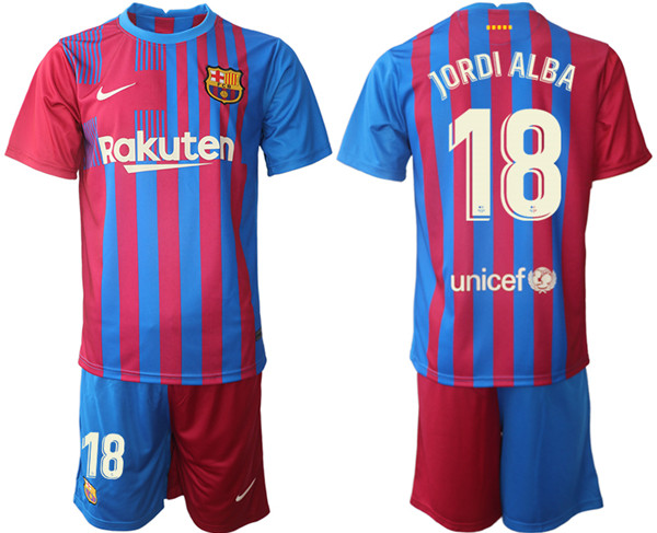 Men's Barcelona #18 Jordi Alba 2021/22 Red Blue Home Soccer Jersey Suit