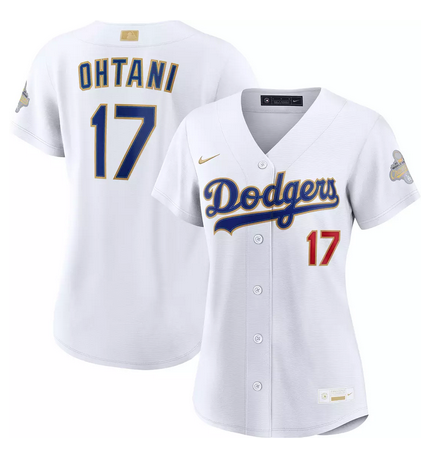 Women's Los Angeles Dodgers #17 Shohei Ohtani White 2026 Gold Collection Stadium Stitched Baseball Jersey(Run Small) Women's Los Angeles Dodgers #17 Shohei Ohtani White 2026 Gold Collection Stadium Stitched Baseball Jersey(Run Small)