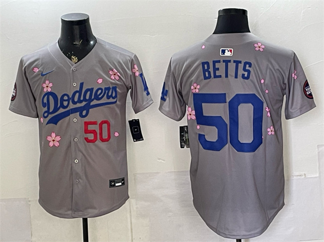 Men's Los Angeles Dodgers #50 Mookie Betts Grey 2025 Tokyo Series Limited Stitched Baseball Jersey Men's Los Angeles Dodgers #50 Mookie Betts Grey 2025 Tokyo Series Limited Stitched Baseball Jersey