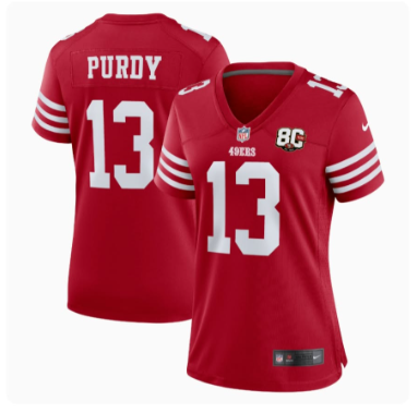 Women's San Francisco 49ers #13 Brock Purdy Red 80th Anniversary Patch Limited Stitched Football Game Jersey(Run Small)