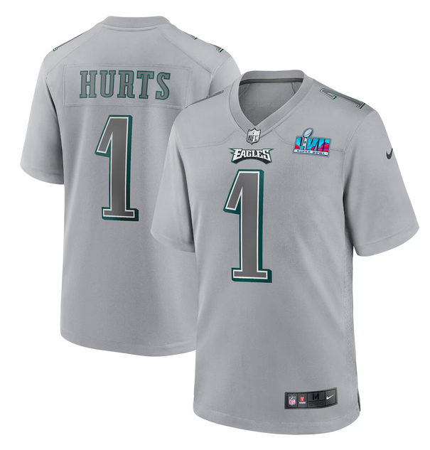 Women's Philadelphia Eagles #1 Jalen Hurts Grey Super Bowl LVII Patch Atmosphere Fashion Stitched Game Jersey(Run Small)