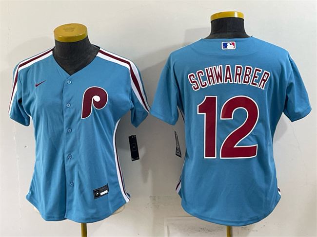 Women's Philadelphia Phillies #12 Kyle Schwarber Blue Stitched Baseball Jersey(Run Small) Women's Philadelphia Phillies #12 Kyle Schwarber Blue Stitched Baseball Jersey(Run Small)