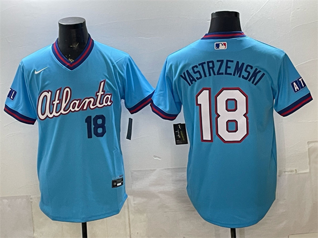 Men's Atlanta Braves #18 Mike Yastrzemski Blue 2026 City Connect Stadium Stitched Baseball Jersey Men's Atlanta Braves #18 Mike Yastrzemski Blue 2026 City Connect Stadium Stitched Baseball Jersey