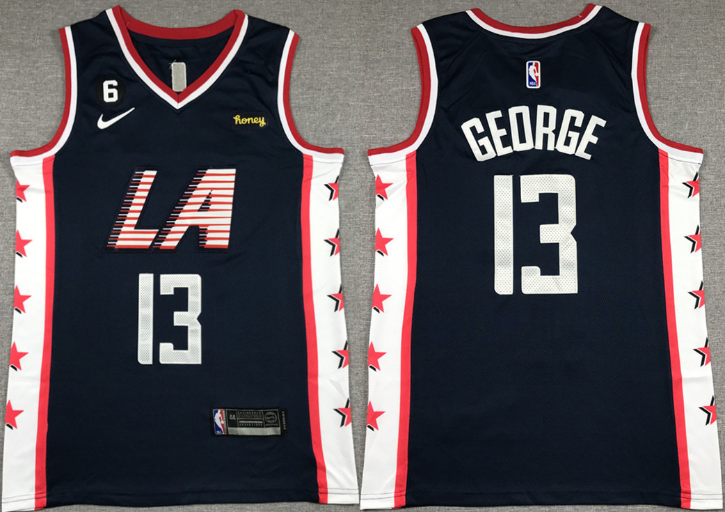 Men's Los Angeles Clippers #13 Paul George Navy 2022/23 City Edition With NO.6 Patch Stitched Jersey Men's Los Angeles Clippers #13 Paul George Navy 2022/23 City Edition With NO.6 Patch Stitched Jersey