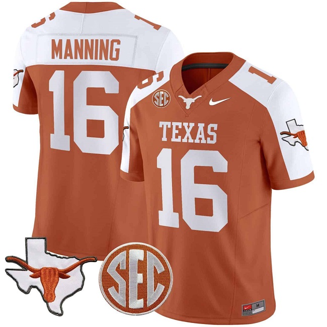 Men's Texas Longhorns #16 Peyton Manning Orange/White Map & SEC Patch F.U.S.E Stitched Jersey Men's Texas Longhorns #16 Peyton Manning Orange/White Map & SEC Patch F.U.S.E Stitched Jersey