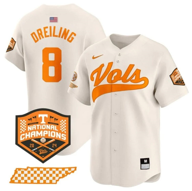 Men's Tennessee Volunteers #8 Dylan Dreiling Cream 2024 Champions Vapor Limited Stitched Jersey Men's Tennessee Volunteers #8 Dylan Dreiling Cream 2024 Champions Vapor Limited Stitched Jersey