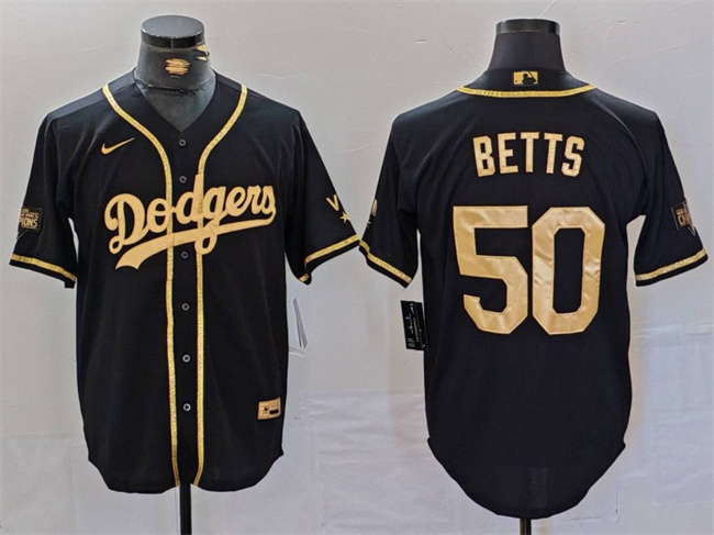 Men's Los Angeles Dodgers #50 Mookie Betts Black Gold World Series Champions Cool Base Stitched Baseball Jersey